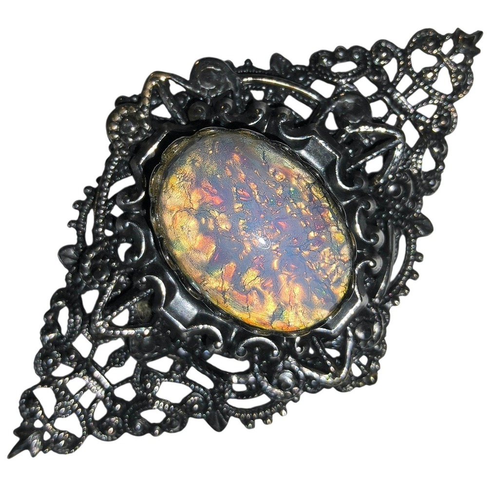 Vintage Filigree Art Glass Brooch Czech Style Statement Pin